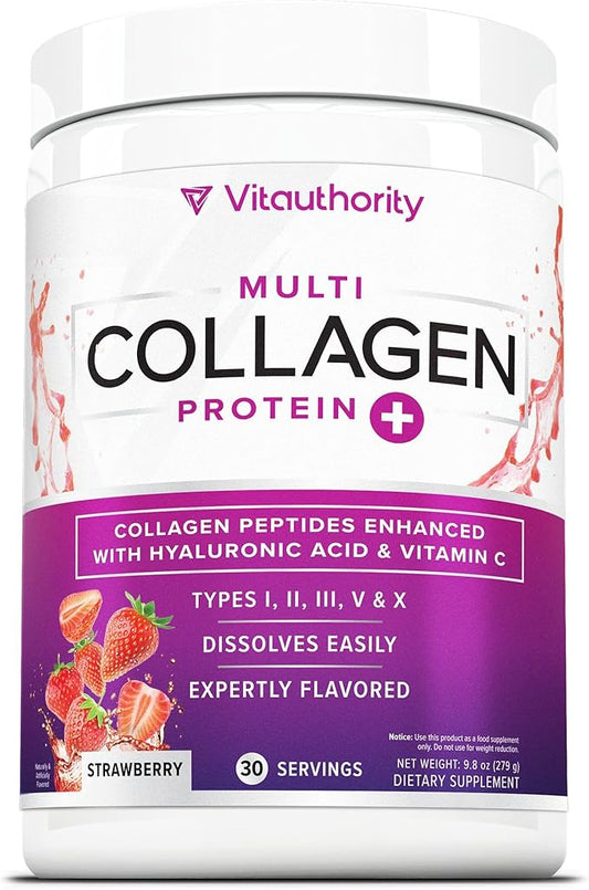 Multi Collagen Peptides Powder for Women and Men Instant Dissolving Grass Fed Hydrolyzed Drink Mix for Beautiful Hair Skin and Nails & Hyaluronic Acid Vitamin C | Strawberry Flavored 30 Servings