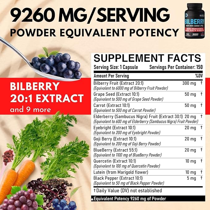 20:1 Bilberry Extract Capsules 9260mg Per 5 Month 10in1 Plus 150 Counts