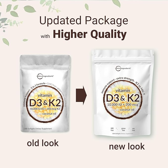 2 Pack Vitamin D3 10000 iu K2 (MK-7) (MK-7) 200 200 mcg, 300 Virgin 2 in 1 Vitamins