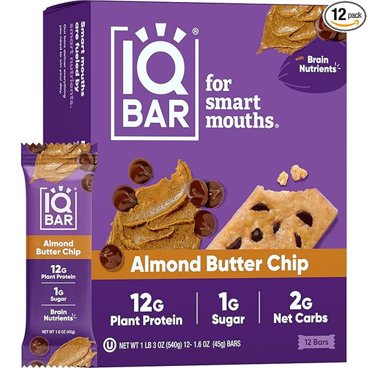 IQBAR Brain and Body Plant Protein Bars - Almond Butter Chip - 12-Count Low Carb - Gluten Free, High Fiber, Vegan Snacks - Low Sugar Meal Replacement