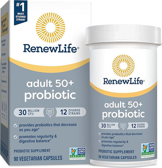 Renew Life Probiotic Adult 50 Plus Probiotic Capsules, Daily Supplement Supports Urinary, Digestive and Immune Health, L. Rhamnosus GG, Dairy, Soy and gluten-free, 30 Billion CFU, 90 Count