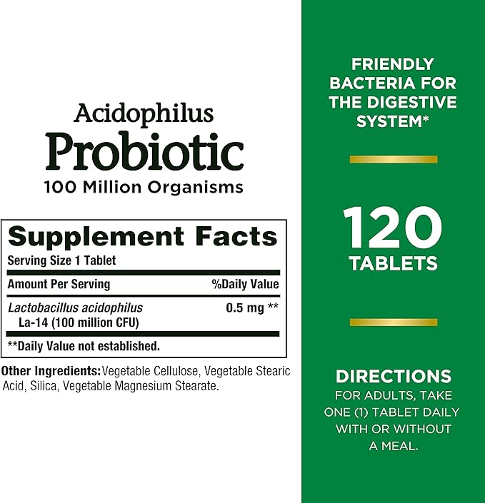 Nature's Bounty Acidophilus Probiotic, Daily Probiotic 1 Pack, 120 Tablets