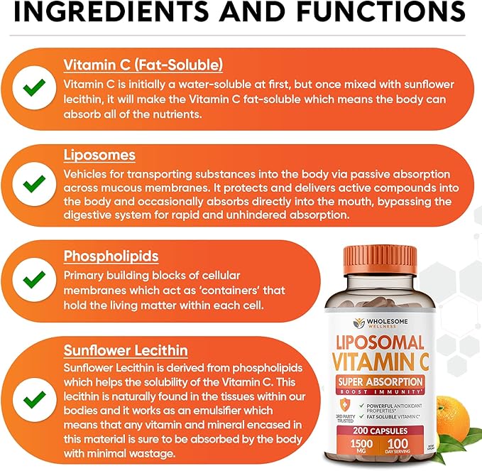 Liposomal Vitamin C Capsules (200 Pills 1500mg Buffered)