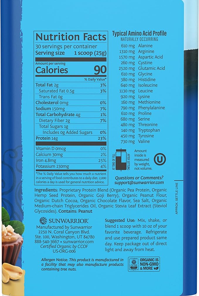 Sunwarrior Vegan Protein Powder Organic Plant-based Protein 30 Servings