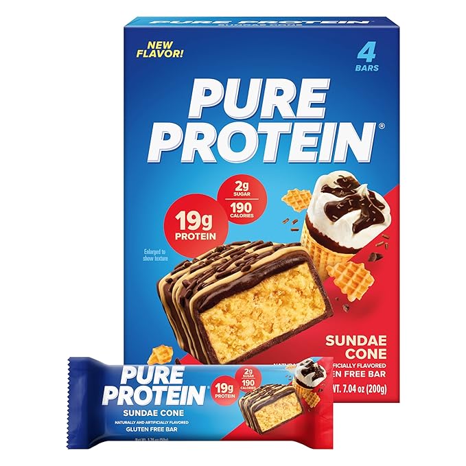 Pure Protein Bars, High Protein, Nutritious Snacks to Support Energy, Low Sugar, Gluten Free, Sundae Cone, 1.76oz, Pack of 4