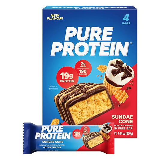 Pure Protein Bars, High Protein, Nutritious Snacks to Support Energy, Low Sugar, Gluten Free, Sundae Cone, 1.76oz, Pack of 4