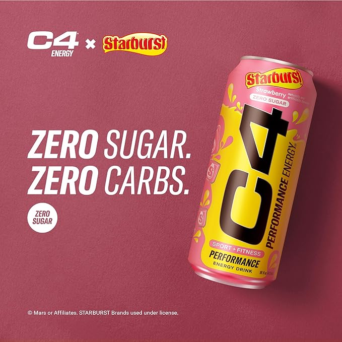 Cellucor C4 Performance Energy Drink | STARBURST Strawberry | Zero Sugar Carbonated Preworkout Energy | 200mg Caffeine with Beta Alanine | 16 Fl Oz (12 Pack)