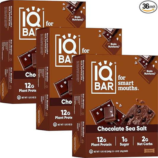 IQBAR Brain and Body Plant Protein Bars - Chocolate Sea Salt - 36-Count Low Carb - Gluten Free, High Fiber, Vegan Snacks - Low Sugar Meal Replacement