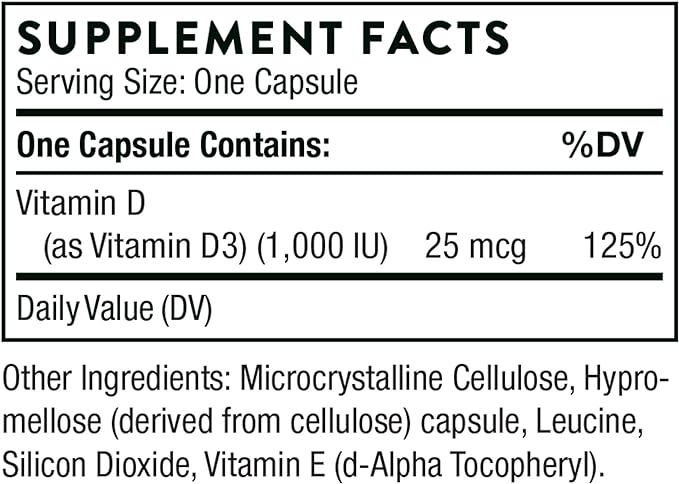 THORNE Vitamin D3 Supplement 1,000 IU 90 Capsules