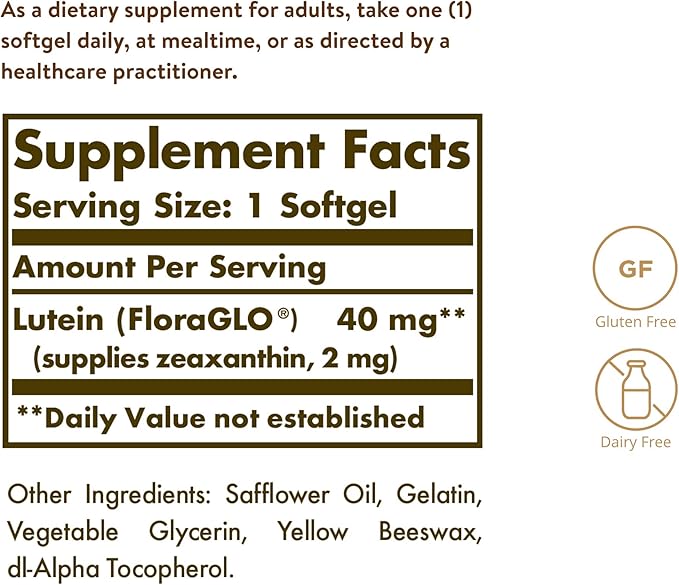 Solgar Lutein 40 mg, 30 Softgels - Supports Eye Health - Helps Filter Out Blue-Light - Contains FloraGLO Lutein - Gluten Free, Dairy Free - 30 Servings