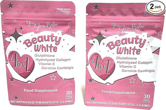 Beauty White 4 in 1 Glutathione 15gram Each 2) 30 30 x 2-60 Capsules