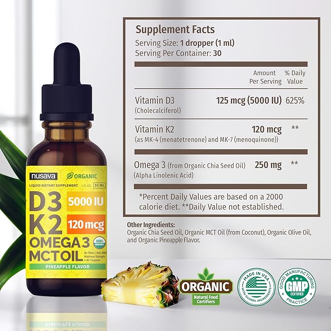 (2 Pack) Organic Vitamin D3 K2 3, 5000 5000 IU, 5000 IU, D3 for 2 Fl