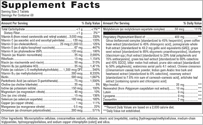Metagenics PhytoMulti Multivitamin Without Iron 20+ Essential B6, Lutein, 120 Tablets