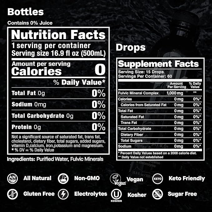 12ct Natural Mineral Alkaline Water 16.9oz and 1ct Concentrated blk. Drops and Bioavailable Fulvic & Humic Acid Over 77 Trace Minerals Helps Repair & Restore Cells in Your Body