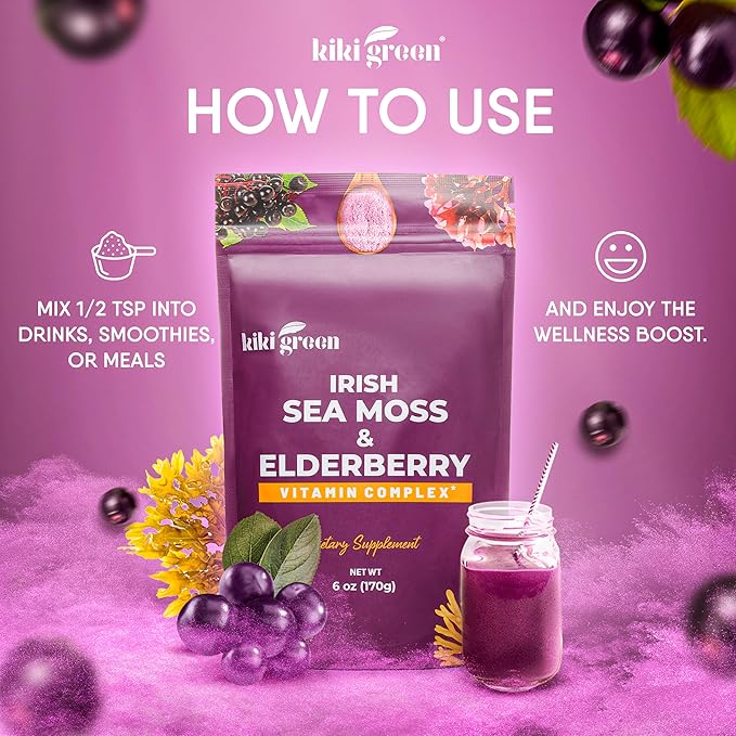 KIKI Green Sea Moss Powder with Elderberry - Vegan Superfood Multivitamin Blend - for Immune Boost and Support - Add to Smoothies, Juice, 6 oz