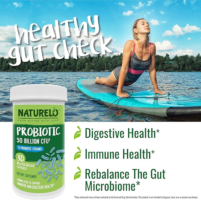 NATURELO Probiotics for Digestive Health 50 Billion 11 Strains 30 Vegetarian
