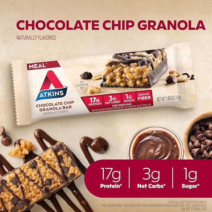 Atkins Creamy Cookie Crunch Meal Bars, 16g Protein, 12 Count & Chocolate Chip Granola Protein Meal Bar, 17g Protein, 12 Count