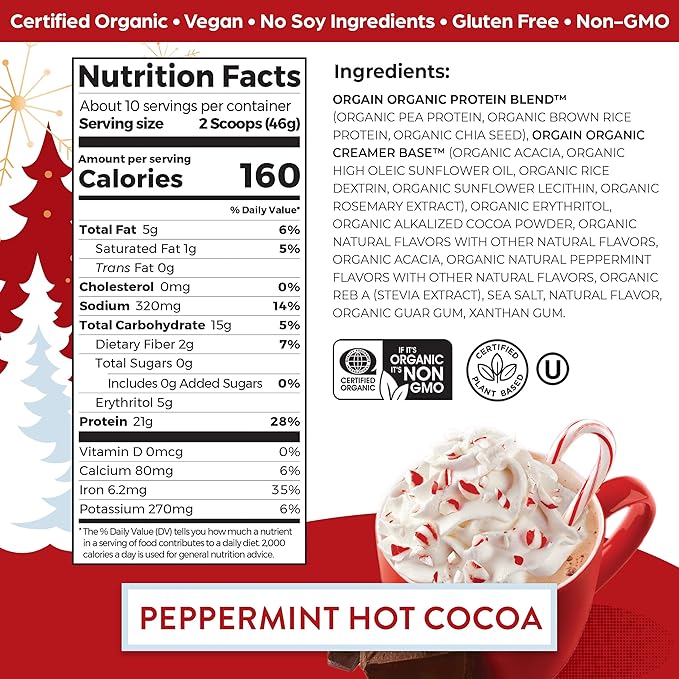 Orgain Organic Vegan Protein Powder, Peppermint 21g of 5g Prebiotic 1.02 lb