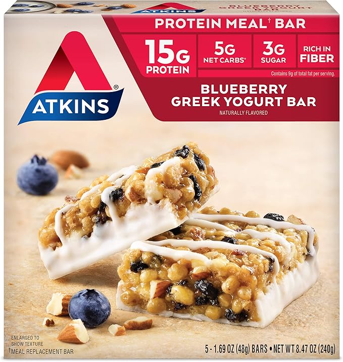 Atkins Creamy Cookie Crunch Meal Bars, 16g Protein, 12 Count & Blueberry Greek Yogurt Protein Meal Bar, 15g Protein, 5 Count
