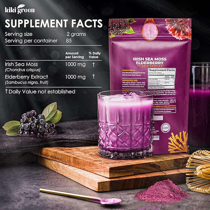KIKI Green Sea Moss Powder with Elderberry - Vegan Superfood Multivitamin Blend - for Immune Boost and Support - Add to Smoothies, Juice, 6 oz