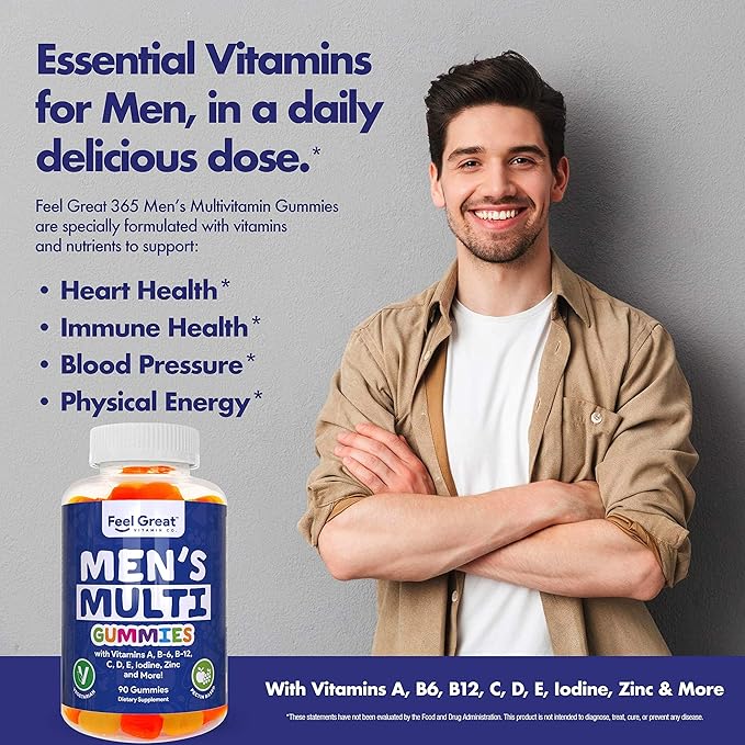 Feel Great Vitamin Co. Men's Multivitamin B-6, B-12, B-12, Biotin, D3, E, 45 Day