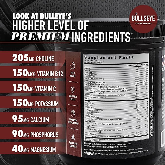 Bullseye MCT Oil Pre Workout Supplement - Creatine Monohydrate, Medium Chain Triglycerides, Beta Alanine, Caffeine, L-Citrulline, Muscle Gainer, Focus, Endurance, Energy -20 Servings - Wild Berry
