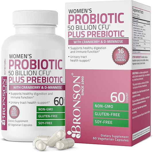 Bronson Women's Probiotic 50 Billion CFU + Prebiotic with Cranberry & D-Mannose – Vaginal Health, Healthy Digestion, Immune Function and Urinary Tract Support, Non-GMO, 60 Vegetarian Capsules