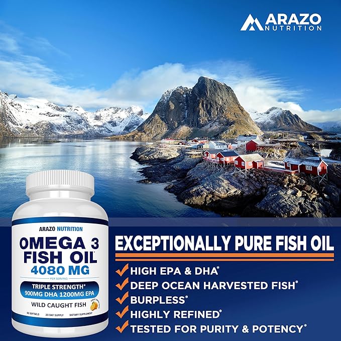 Arazo Nutrition Wild Caught Omega 3 60 Soft 4,080mg High 1200mg DHA 900mg Lemon