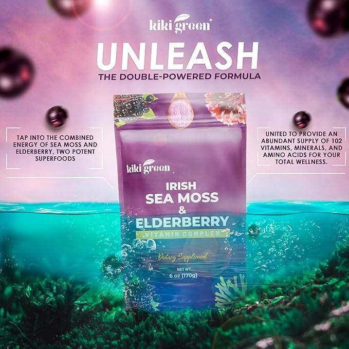 KIKI Green Sea Moss Powder with Elderberry - Vegan Superfood Multivitamin Blend - for Immune Boost and Support - Add to Smoothies, Juice, 6 oz