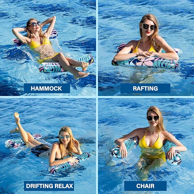 2 Pack Pool Floats Adult - 4-in-1 Pool Floats Hammock, Drifter, Lounge Chair, Saddle, Inflatable Non-Stick PVC Material Pool Float for Vacation