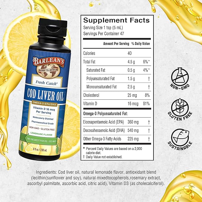 Barlean's Cod Liver Oil Liquid Supplement, 3 Fish 900mg EPA 8 oz