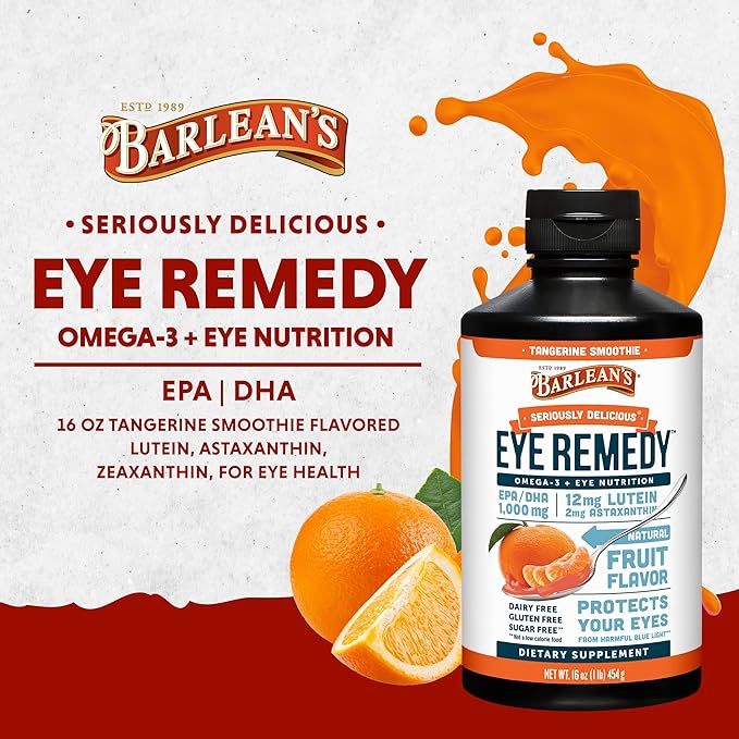 Barlean's Eye Remedy Supplement, Tangerine Flavored Fish Oil Liquid with Lutein, Astaxanthin and Zeaxanthin,1,000mg Omega 3 EPA DHA, Eye Care Supplements, 16 oz