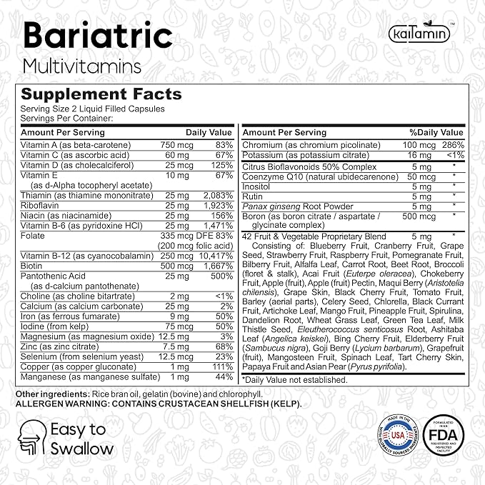 Bariatric Multivitamin with Iron for Post-Bariatric Surgery 42 Fruit 120 Capsules, 2 Month