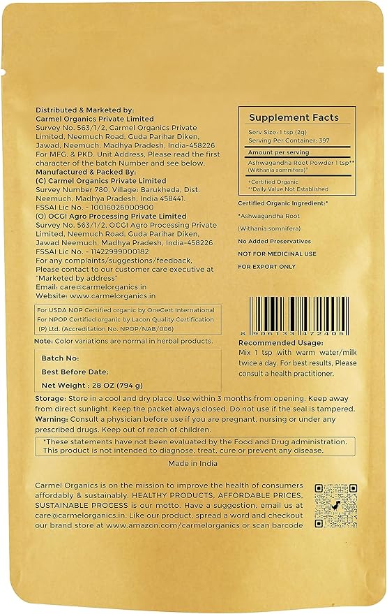 CARMEL ORGANICS Organic Ashwagandha Root Powder (28 Oz 794g/1.75 Lbs)