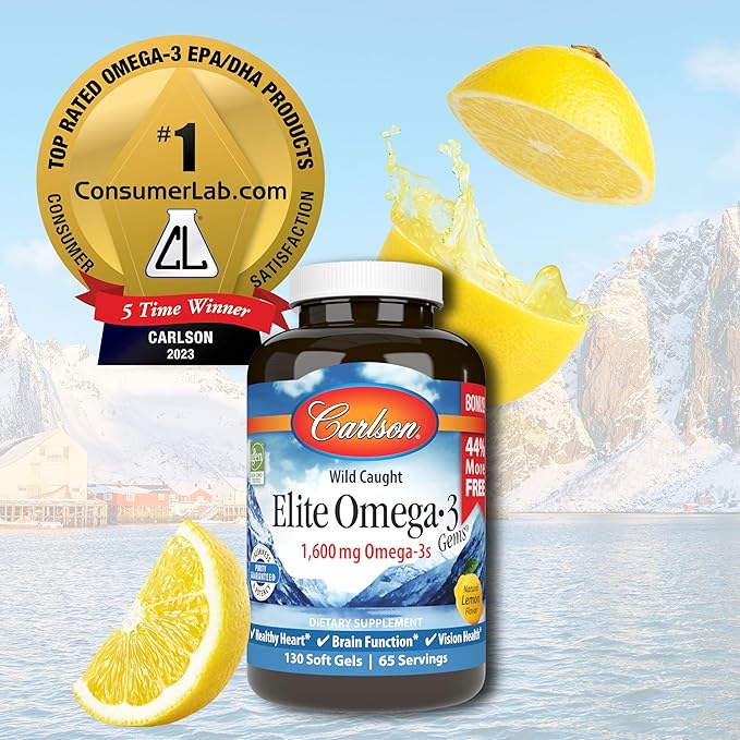 Carlson - Elite Omega-3 Gems, 1600 Omega-3 Fatty 3 Fish 130 Softgels