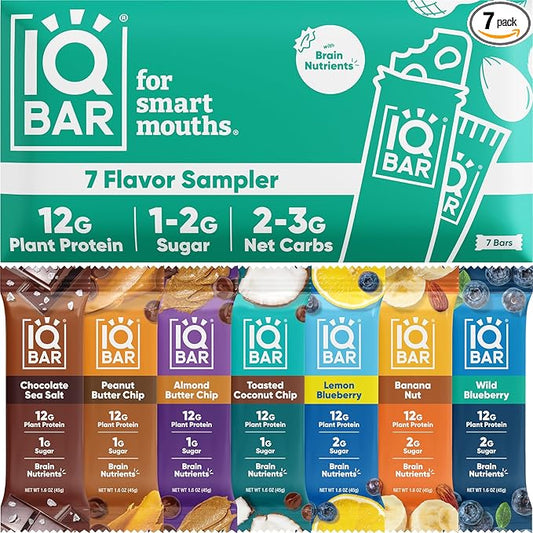 IQBAR Brain and Body Plant Protein Bars - 7 Bar Sampler Pack - Gluten Free, High Fiber, Vegan Snacks - Low Sugar Meal Replacement