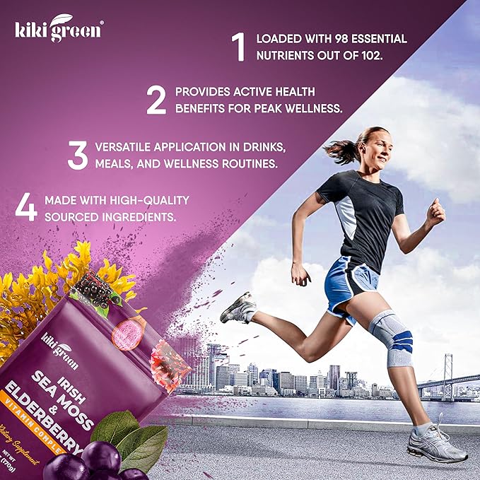 KIKI Green Sea Moss Powder with Elderberry - Vegan Superfood Multivitamin Blend - for Immune Boost and Support - Add to Smoothies, Juice, 6 oz